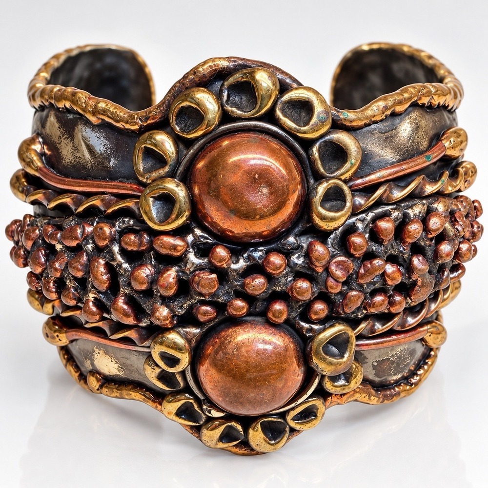 Vintage Mexico Mixed Metal Copper Brass Cuff Bracelet Brutalist Artisan 7" 66g